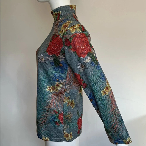 Vintage UNIT  Floral Sweater Top Women Blue Metallic Fibre Angora Wool S/M NWOT - Picture 3 of 11